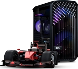 Racing simulator PC setup with steering wheel and racing cockpit