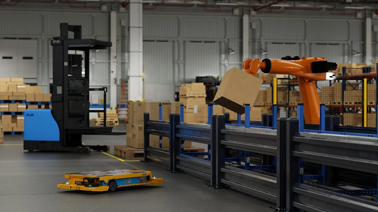 Robotic arm and automated guided vehicle handling pallets in a warehouse