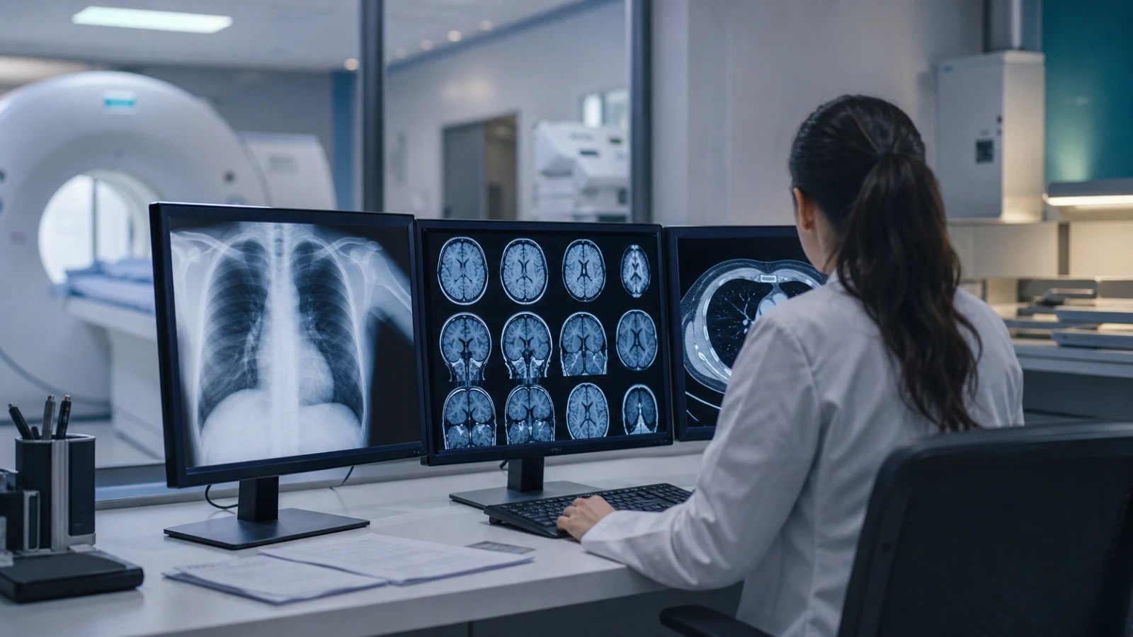 Radiology specialist reviewing anonymised medical scans for advanced diagnostics