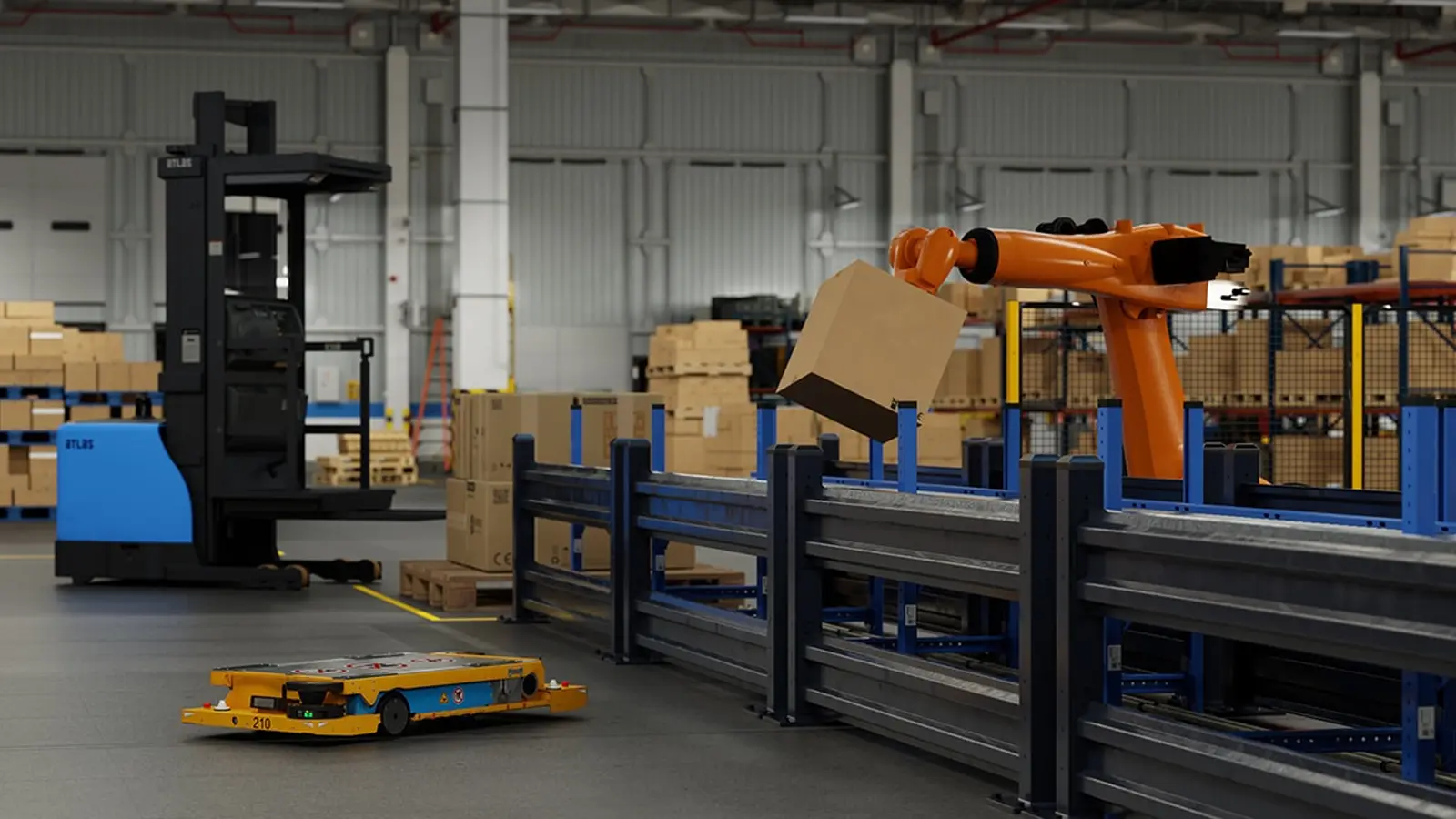 Warehouse robotic arm and automated guided vehicle handling palleted stock