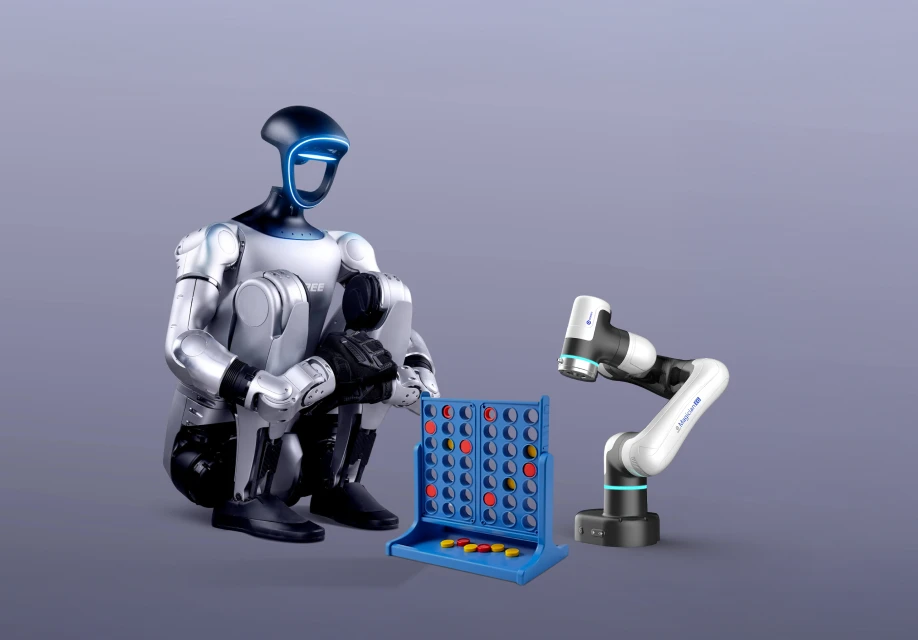 Humanoid robot and Dobot robotic arm demonstrating classroom robotics