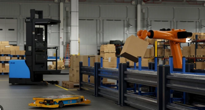 Autonomous warehouse robots moving goods in a logistics facility.