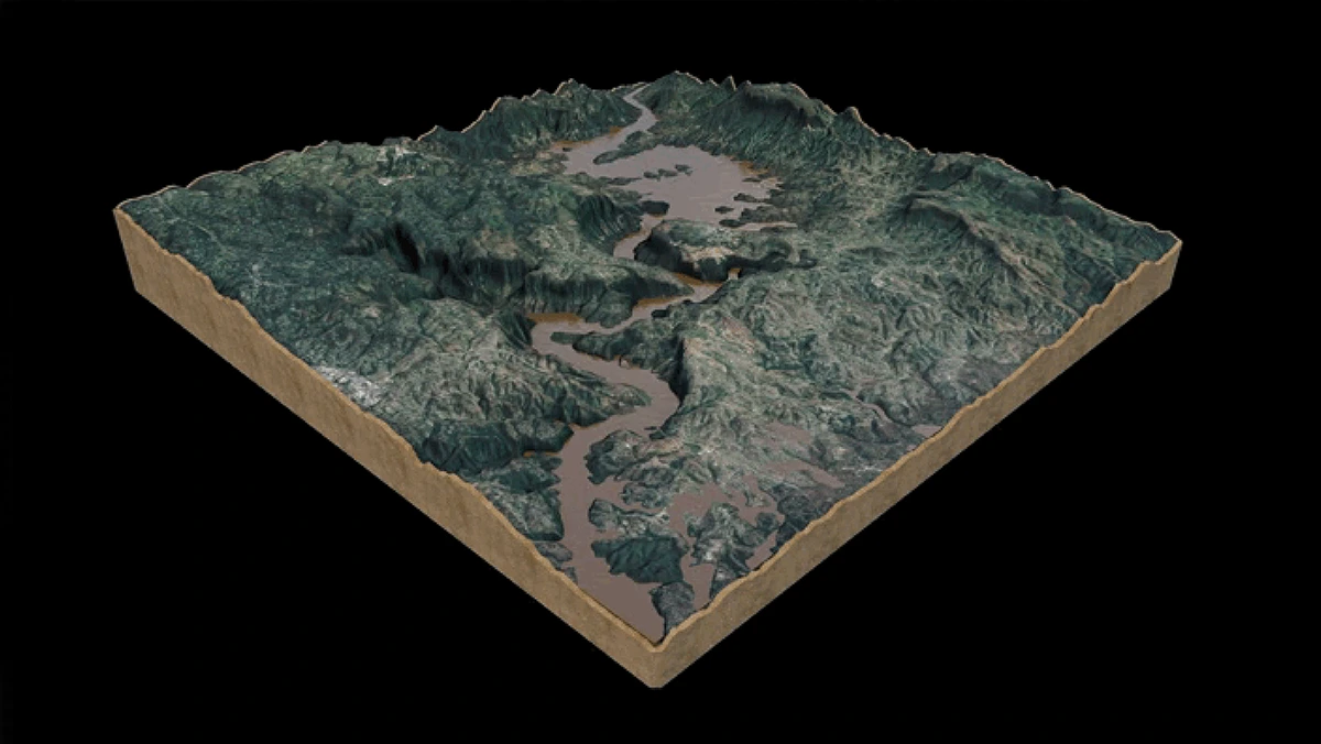 Satellite imagery of terrain used for AI-powered disaster response and damage assessment