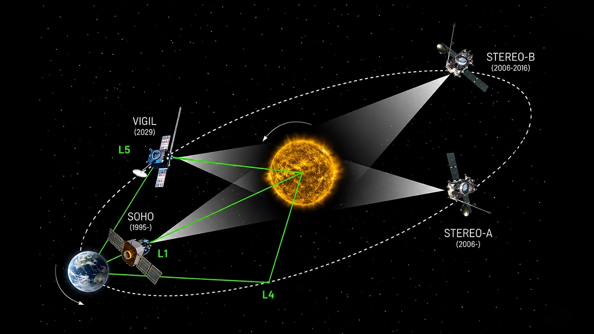 Satellites monitoring solar activity for AI-powered space weather forecasting