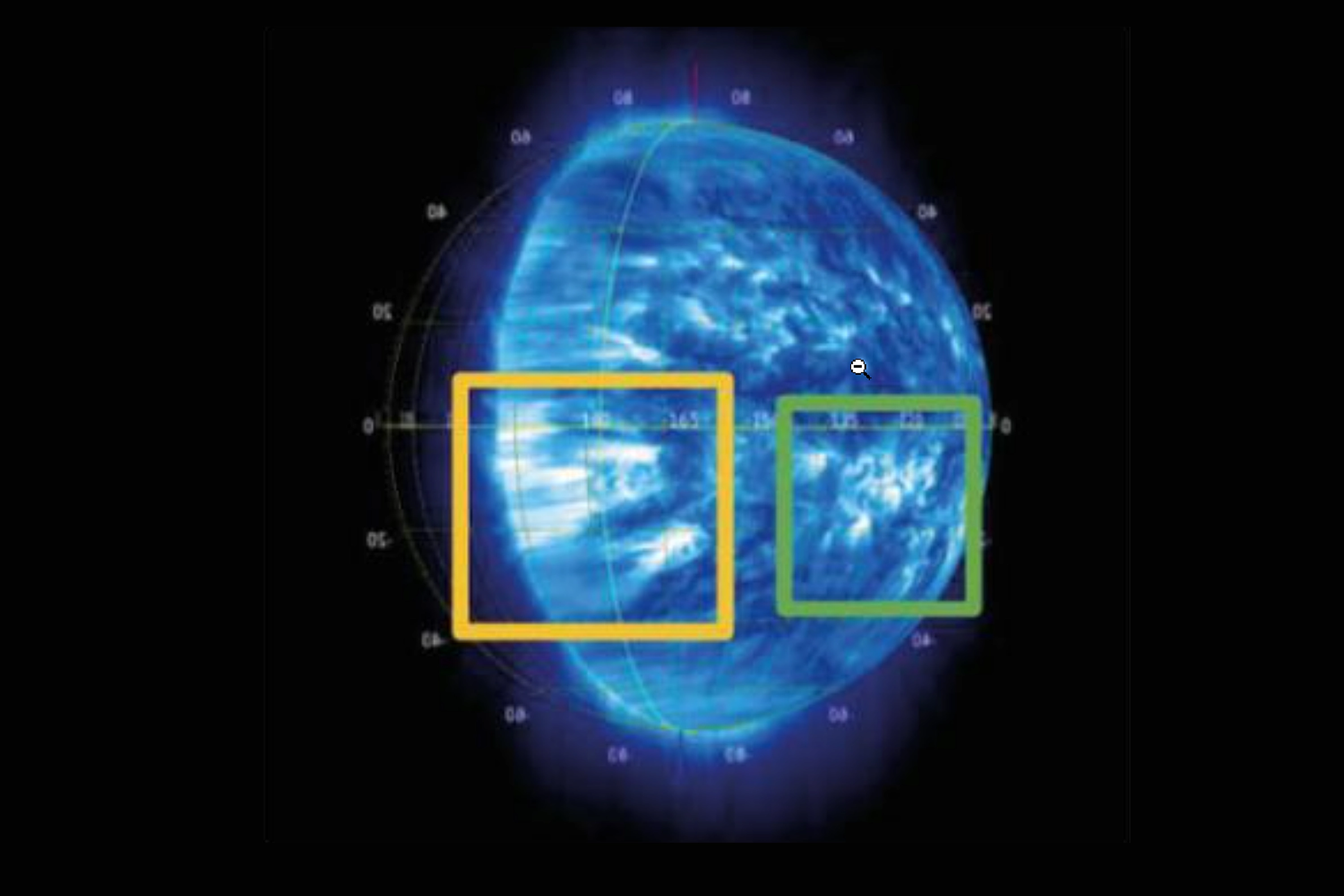 View of the Sun from L1 position projected onto L5 view, showing reduced spatial resolution at the borders due to solar curvature