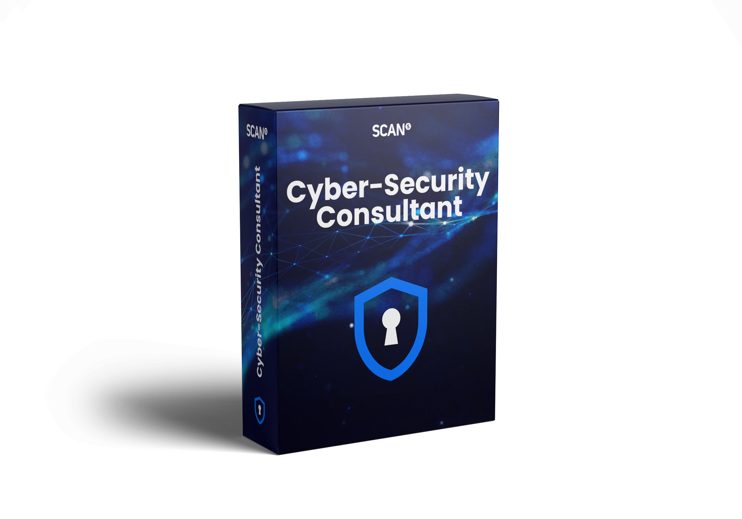 Product box for Scan Cyber Security Consultant displaying a shield with a padlock icon on a blue cybersecurity-themed background