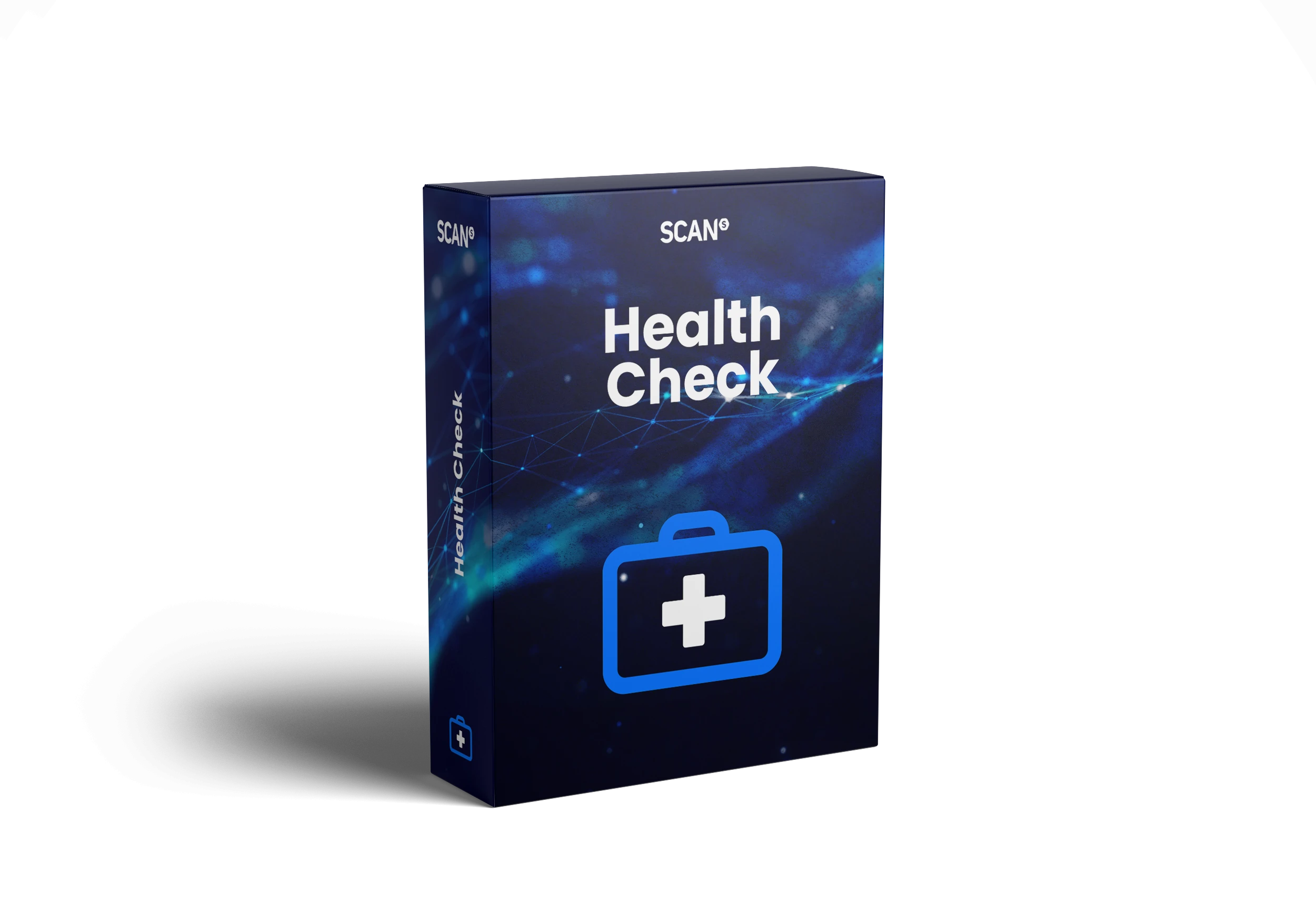 Product box for Scan Health Check featuring a white medical cross icon on a blue circuit-pattern background