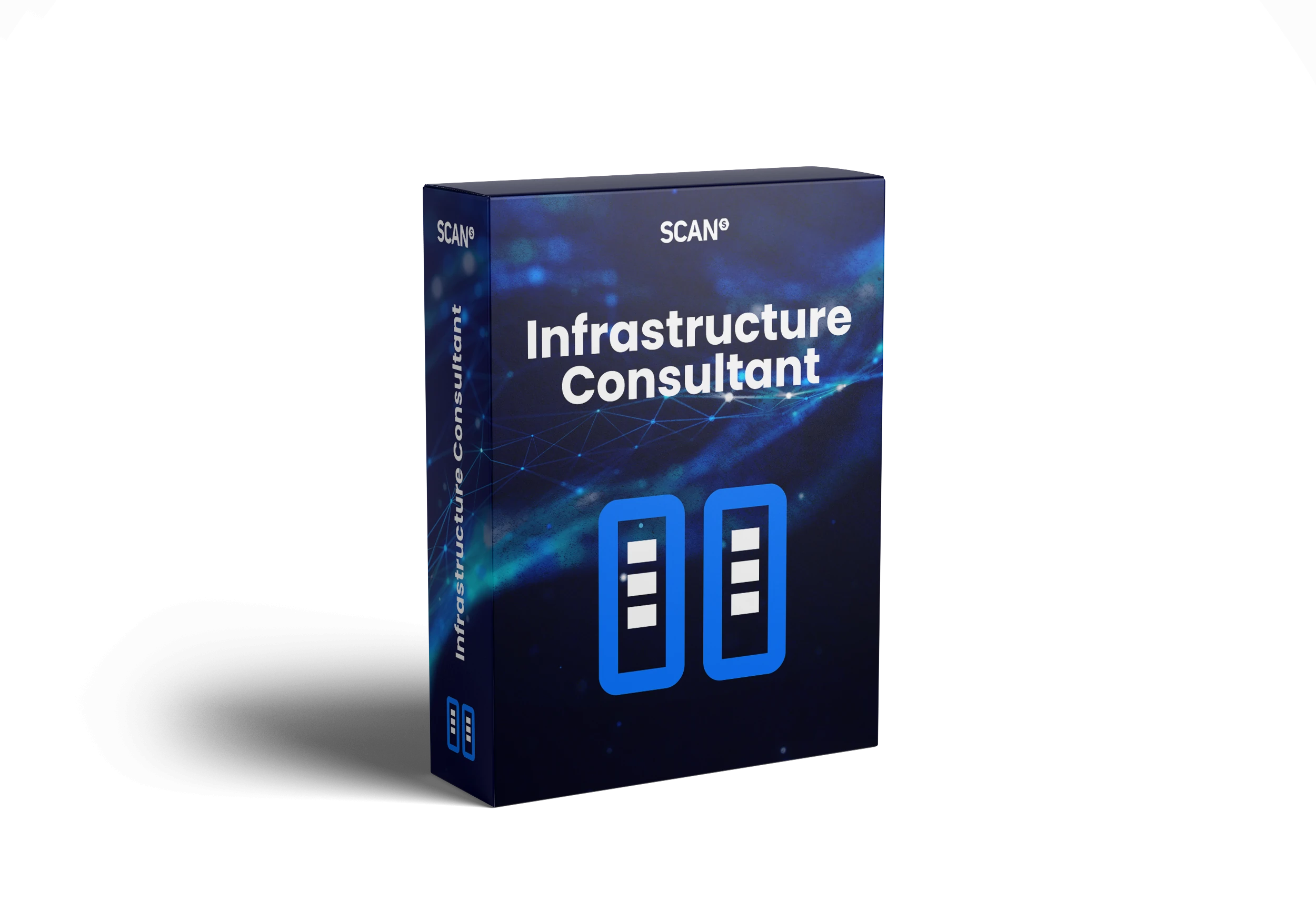 Product box for Scan Infrastructure Consultant featuring stacked server and connectivity icons on a blue circuit-style background