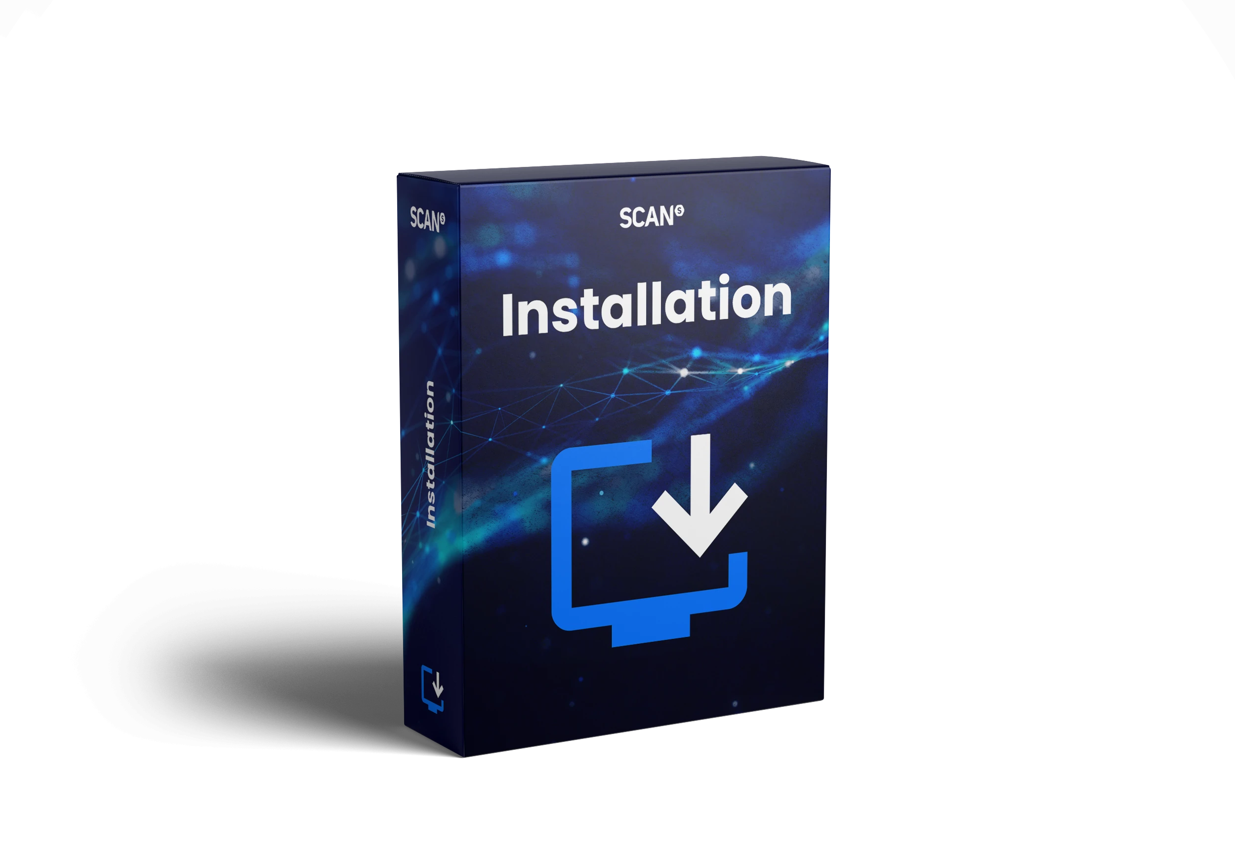 Product box for Scan Installation displaying a white downward arrow icon above a hardware symbol on a blue gradient background