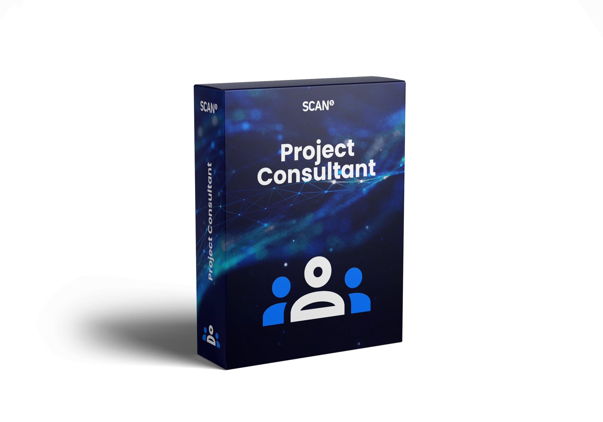 Product box for Scan Project Consultant showing organisational workflow icons on a blue digital planning background