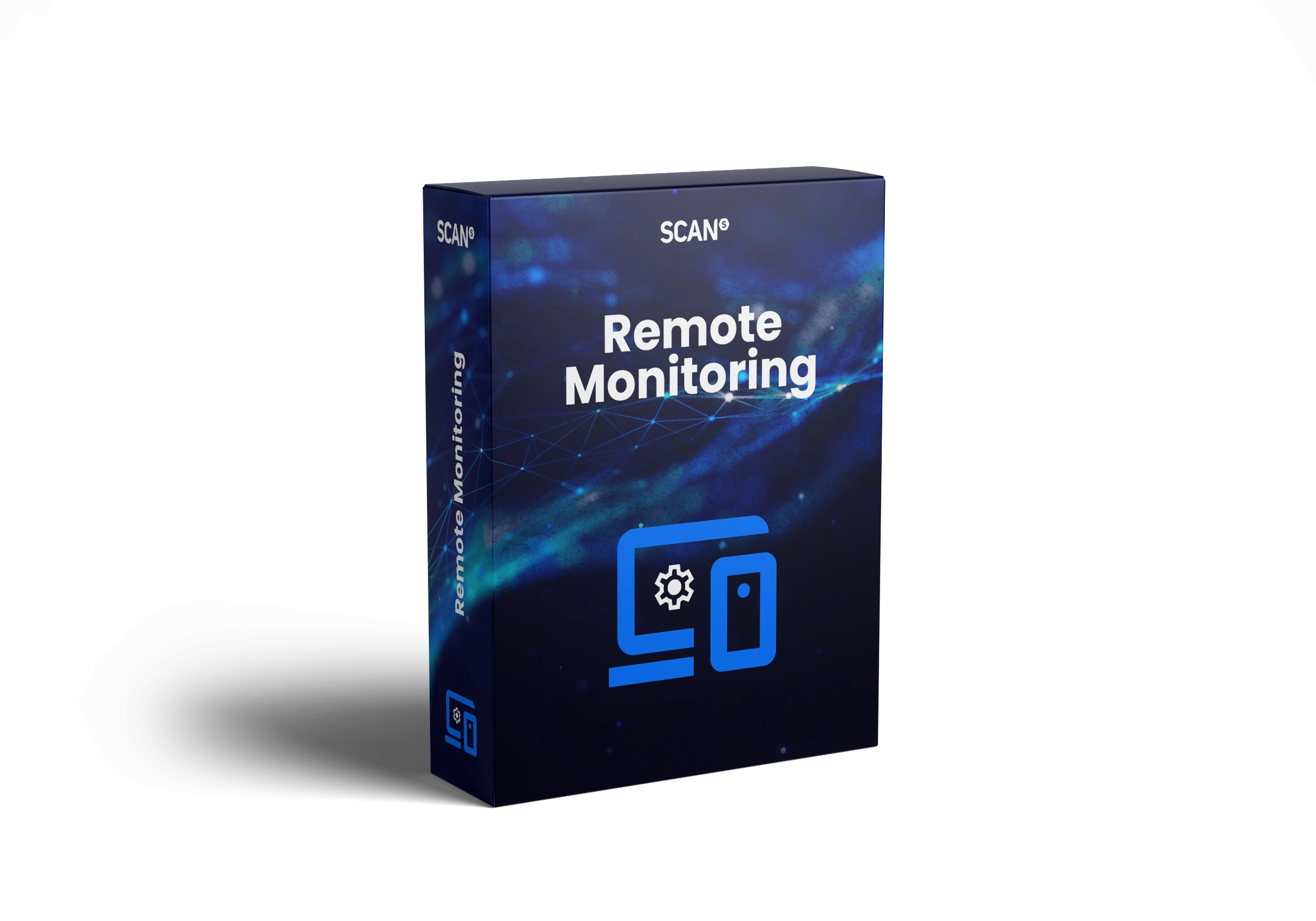 Product box for Scan Remote Monitoring featuring a computer screen and network connection icons on a blue gradient background