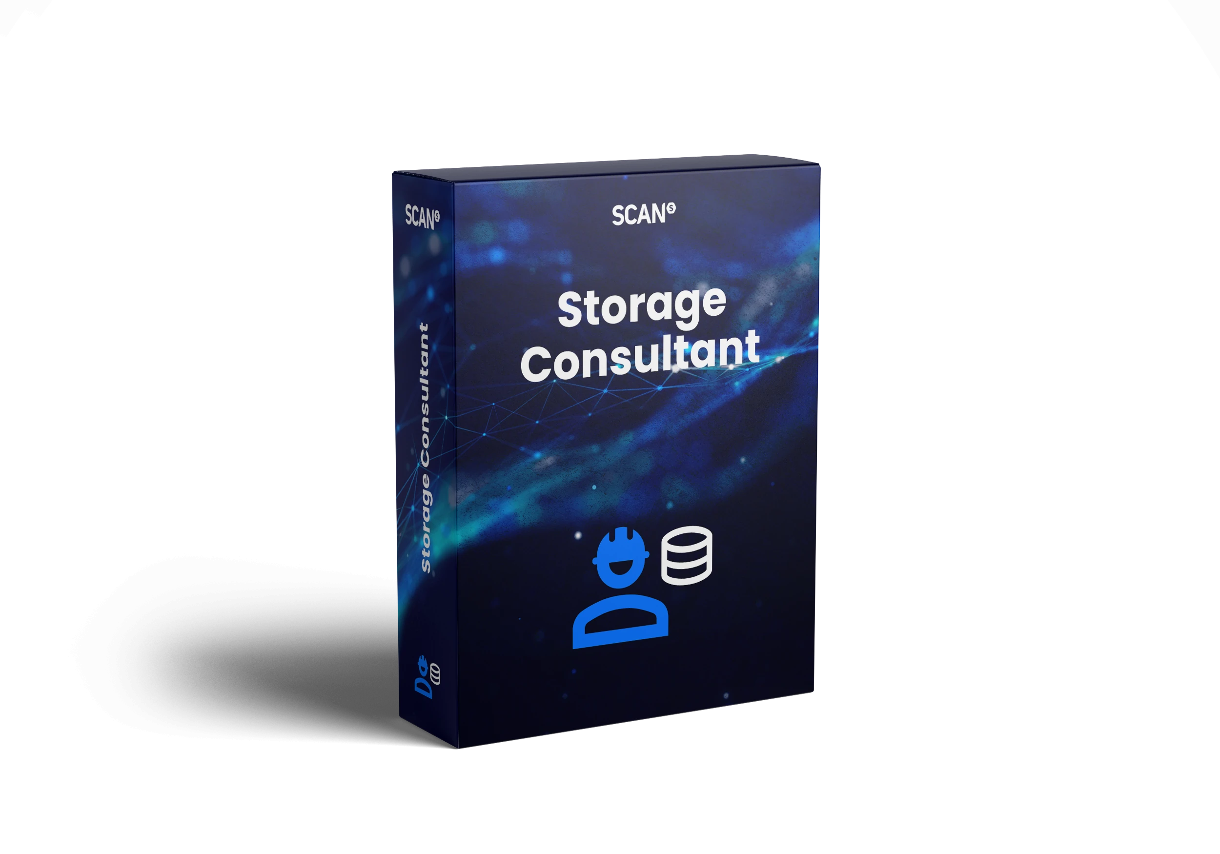 Product box for Scan Storage Consultant showing enterprise storage infrastructure icons on a blue wave-pattern background