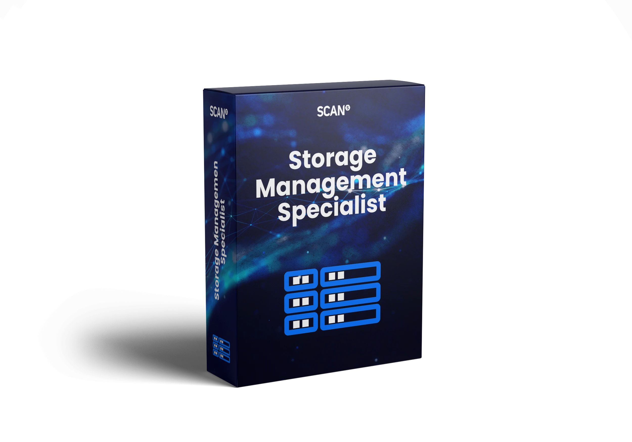 Product box for Scan Storage Management Specialist displaying storage hardware and system management icons on a blue circuit-style background