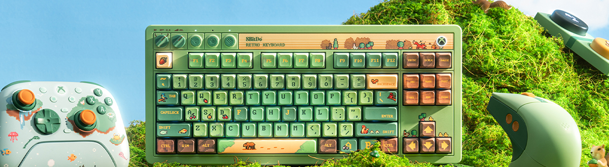 Key visual of retro keyboard, mouse and xbox controller collection infront of a vibrant green hill.