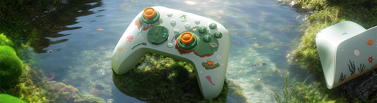 Image of the controller laying in a mossy lagoon surrounded by nature and fish in the water.