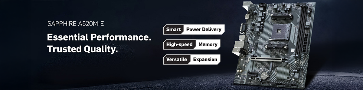 Hero angle of A520M-E motherboard on dark black/blue rugged concrete.