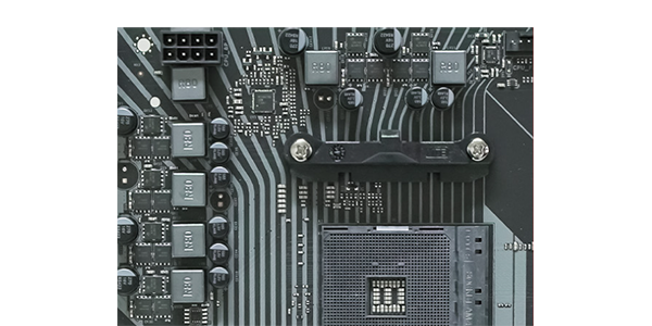 Hero angle of A520M-E motherboard, showcasing smart power design.