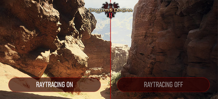 Image of Dragons Dogma game with half of the image displaying raytracing on and other half with raytracing off