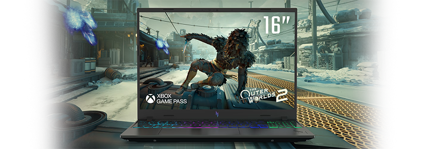 Acer Nitro V laptop wioth Outer Worlds 2 gameplay on-screen with screen size and Xbox Game Pass logo.