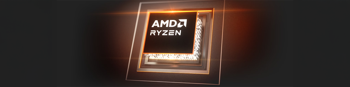 Rendering of AMD Ryzen™ processor with a shiny orange edge, lense flair reflecting from the top edge.