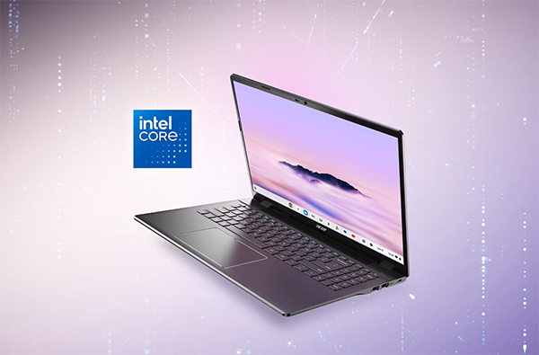 Image of laptop on a light purple background with the Intel Core logo beside it