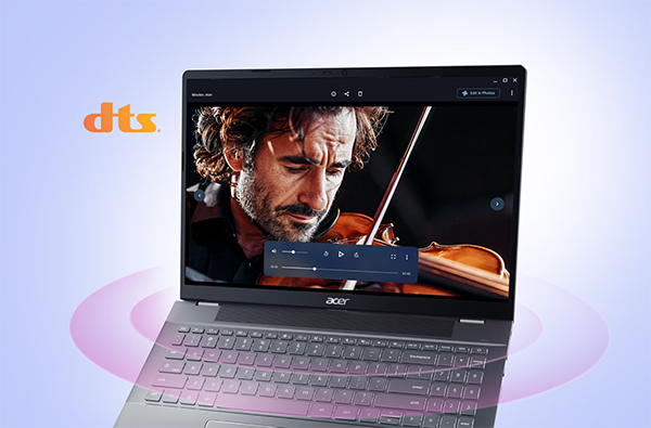 Image of laptop with sound waves coming from it and the DTS Audio logo beside it