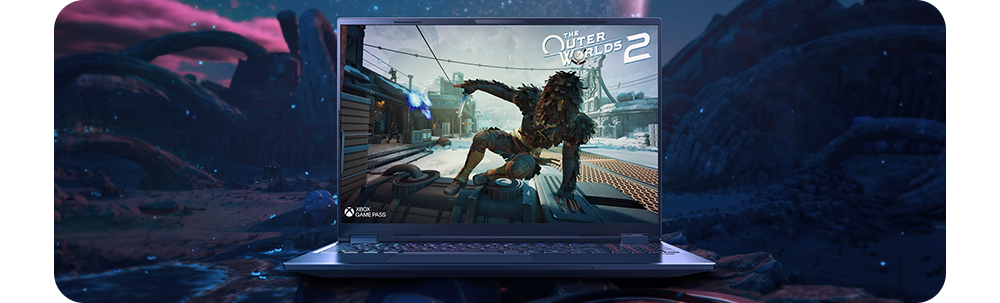 Front Image of Laptop with Outer Worlds 2 Game on Screen