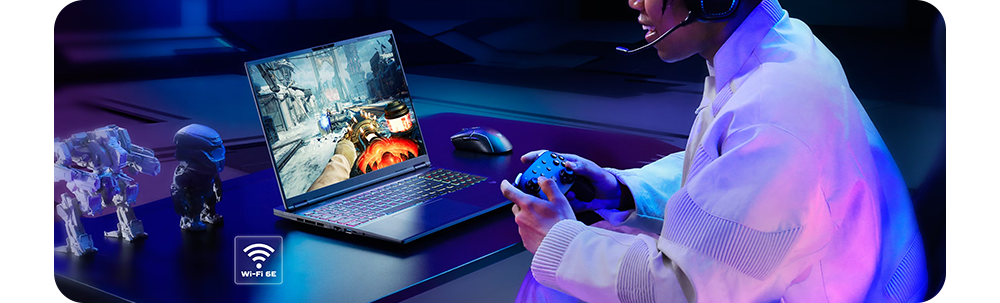 Lifestyle image of a young man playing a video game on the laptop