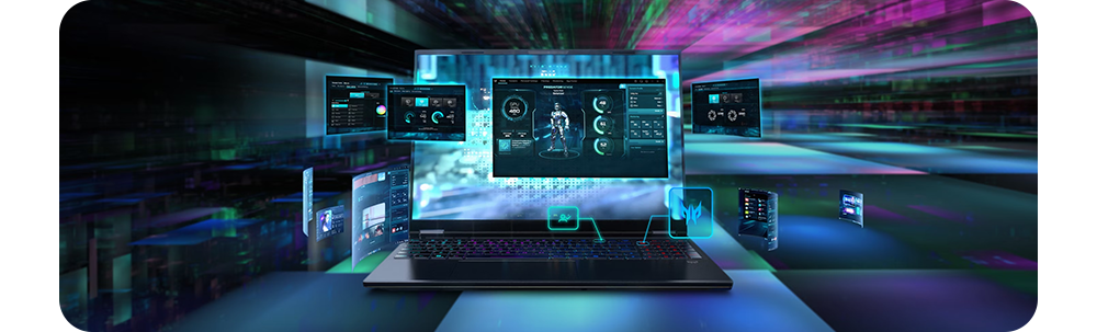 Front Image of the laptop with the settings panels bursting out of the screen