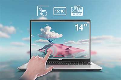 Image of the laptop on a sky background with a finger touching the screen.
