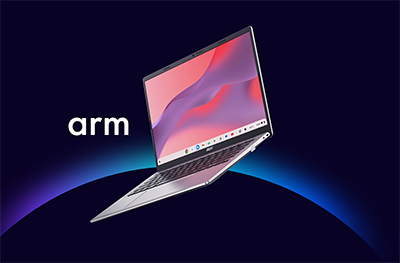 Image of the laptop on a navy blue background with the Arm logo next to it.