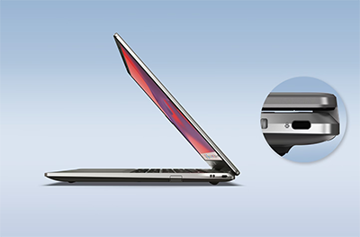 Side view image of the laptop with a close up image of the Kensington Lock next to it.