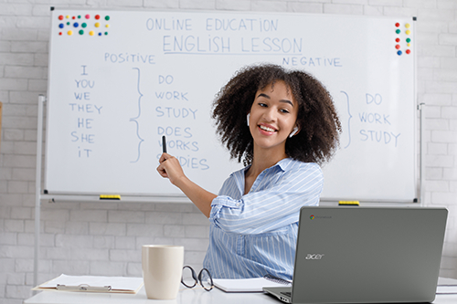 english teacher video calling class with whiteboard