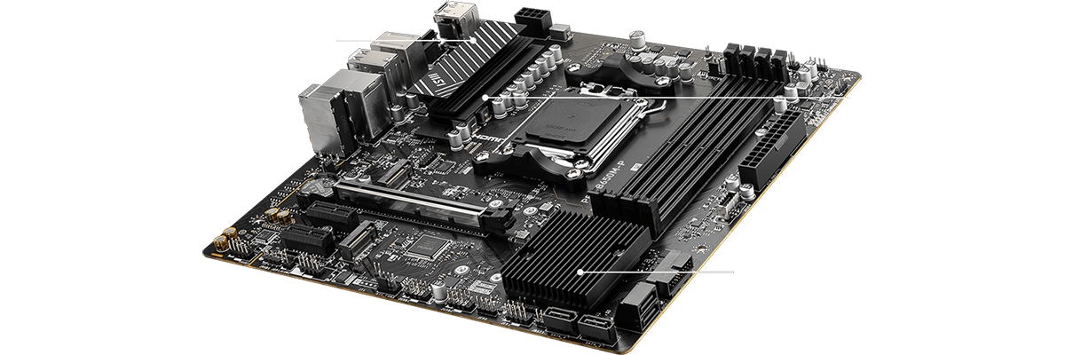 Motherboard with lines overlaying components to highlight cooling