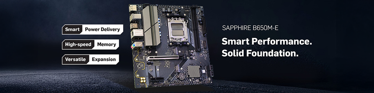 Hero angle of B650M-E motherboard with dark slate background.