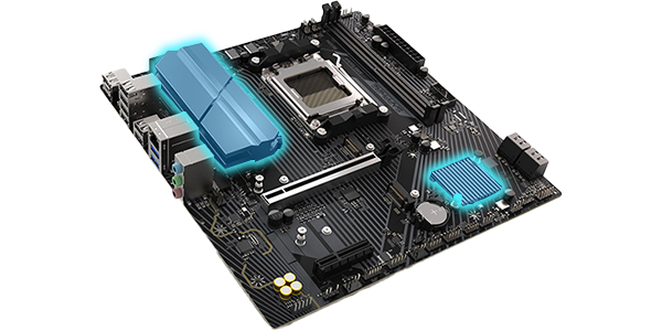 Hero angle of B650M-E motherboard, showcasing cooling design.