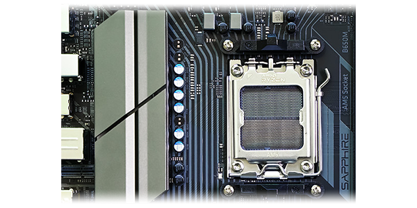 Hero angle of B650M-E motherboard, showcasing smart power design.