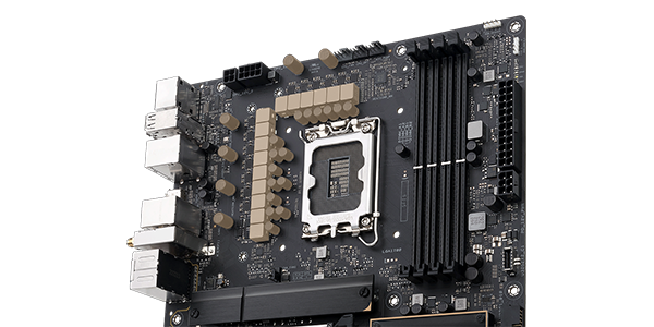 Chokes and capacitors highlighted on motherboard.
