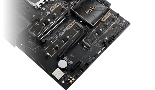 PCIe 4.0 and 3.0 M.2 slots highlighted on motherboard.