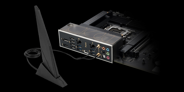 Rear of motherboard with WiFI 6 antenna attached.
