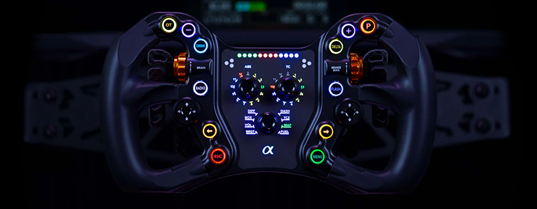 BavarianSimTec Alpha steering wheel in a dark environment, buttons illuminated