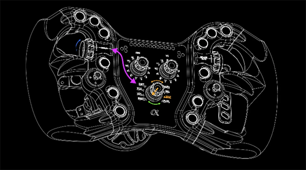 White outline illustration of the Alpha steering wheel to highlight button placement