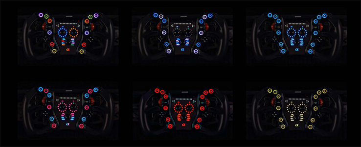 Six Alpha steering wheels, each with a different colour scheme to showcase customisation