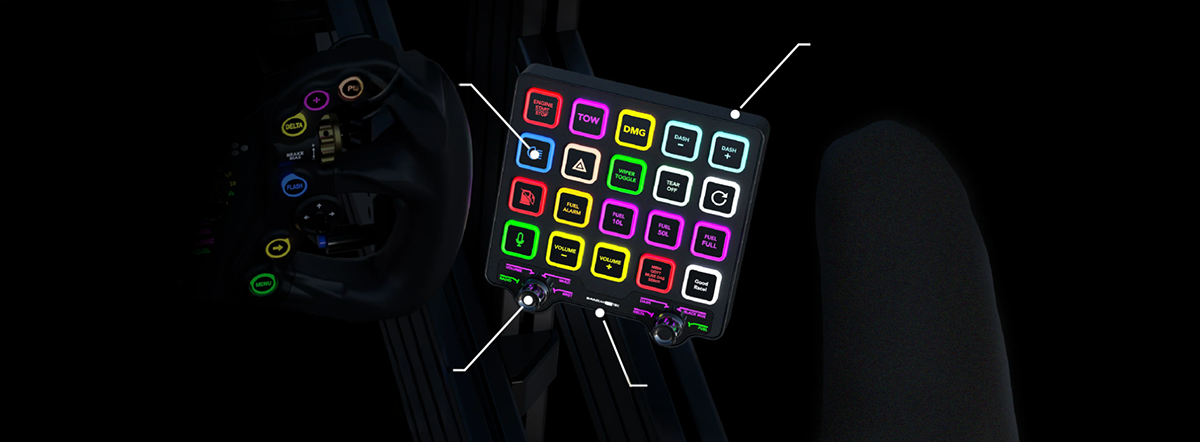 ControlCenter afront a sim-racing background with lines illustrated from various zones to highlight control features