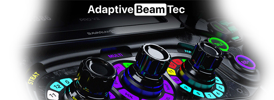 BavarianSimTec OmegaPRO V2 steering wheel's rotary knobs with AdaptiveBeamTec written at the top