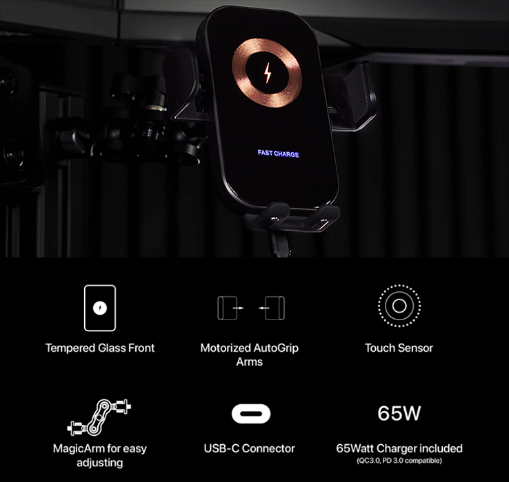 PitPower AutoGrip charging a mounted smartphone to highlight its function