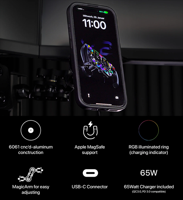 BavarianSimTec PitPower MagLock charging a mounted iPhone to highlight its function