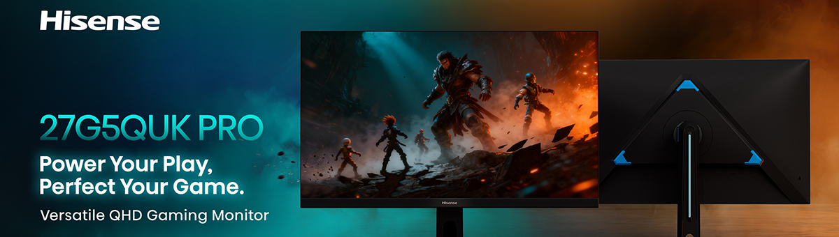 Front and rear key visual of the 27G5QUK monitor with warrior characters on-screen.