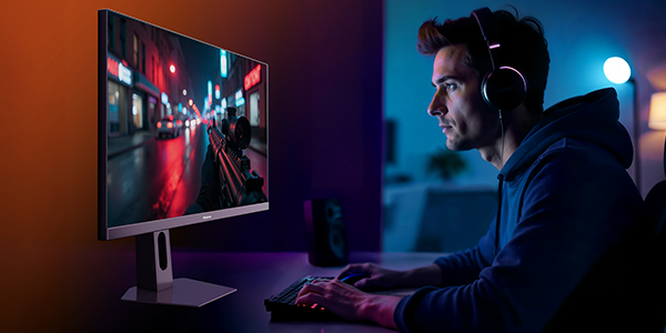 Man wearing headset, sat at desk, using mouse and keyboard to game on the 27G5QUK monitor.