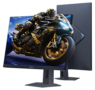 Angled 27G5QUK Pro gaming monitor, illustrated with super-bike racing out of the screen.